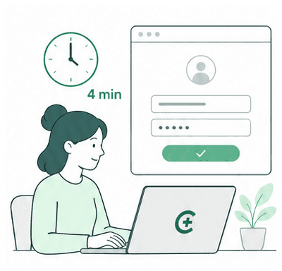 Une candidate remplit le formulaire d'inscription Connect Officine sur son ordinateur, à côté d'une horloge marquant quatre minutes.