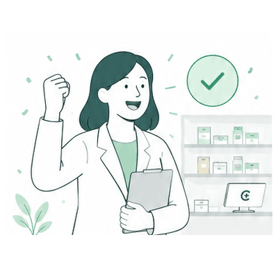 Une pharmacienne dans son officine, à côté d'une pastille de validation verte.