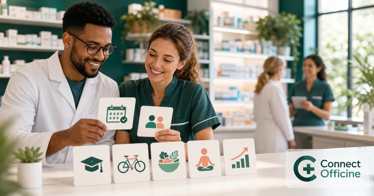 Équipe officinale entourée de symboles d’équilibre, rémunération et formation avec le logo Connect Officine.