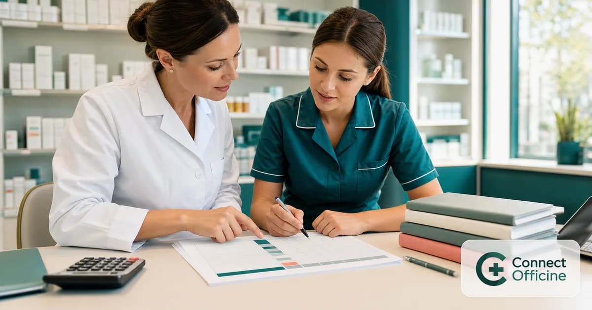 Pharmacienne et préparatrice étudiant une grille de coefficients avec le logo Connect Officine.