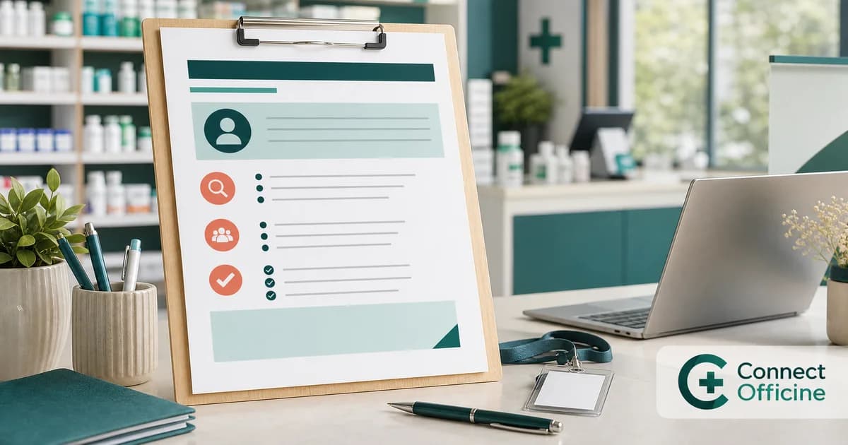 Responsable d’officine rédigeant une offre d’emploi structurée avec le logo Connect Officine.