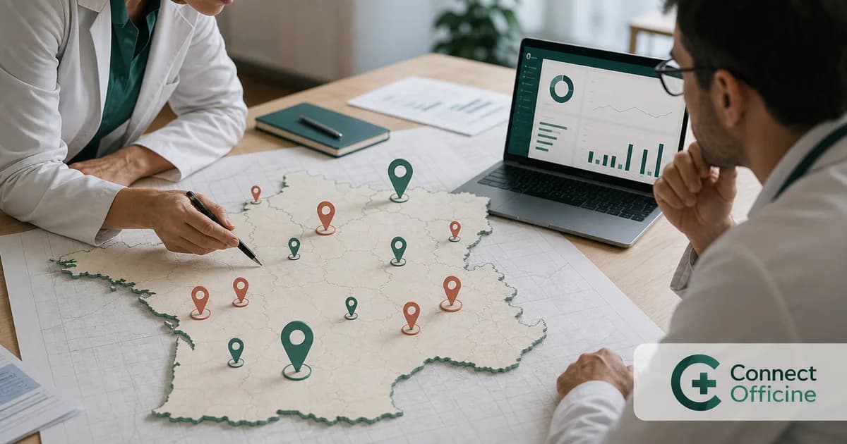 Carte de France illustrant les tensions de recrutement en pharmacie avec le logo Connect Officine.