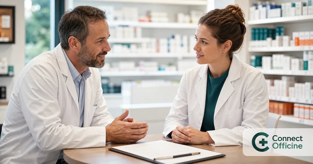 Entretien structuré entre un titulaire et une pharmacienne avec le logo Connect Officine.