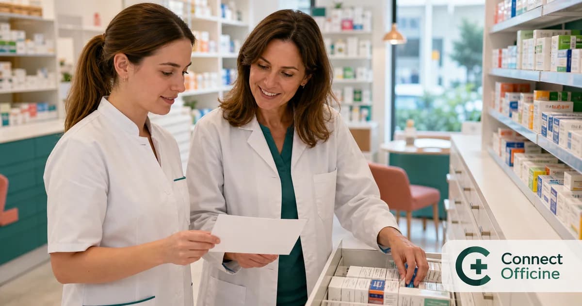 Préparatrice en pharmacie accueillie par une équipe officinale avec le logo Connect Officine.