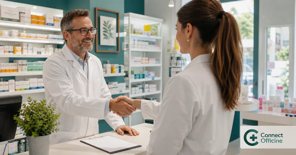 Recruteur d’officine échangeant rapidement avec une pharmacienne devant le logo Connect Officine.