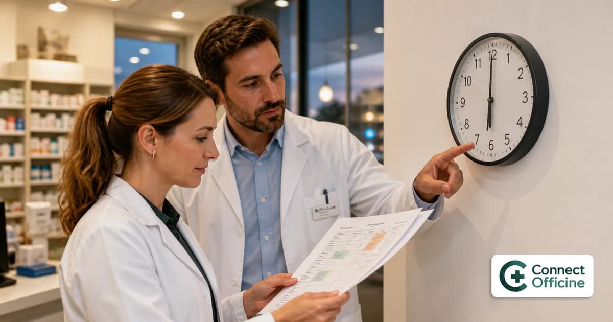 Deux pharmaciens examinent un planning de garde près d’une horloge dans une officine avec le logo Connect Officine.