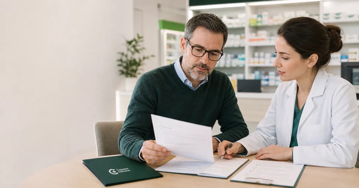 Pharmacien titulaire et candidate vérifiant un diplôme et un dossier d’embauche dans une officine, avec le logo Connect Officine.